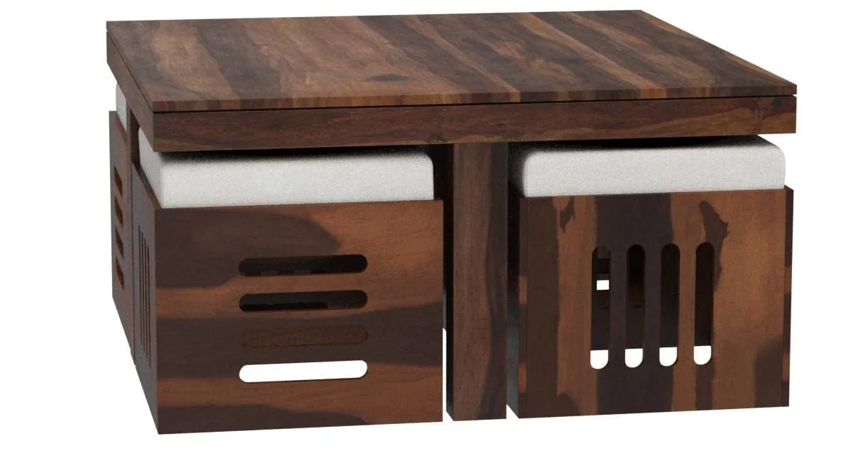 Genuine Decor Solid Sheesham Wood Coffee Table with 4 stools for Living Room | Hotel | Lounge | Natural