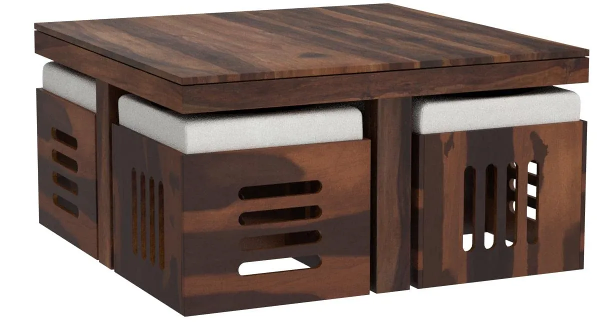 Genuine Decor Solid Sheesham Wood Coffee Table with 4 stools for Living Room | Hotel | Lounge | Natural
